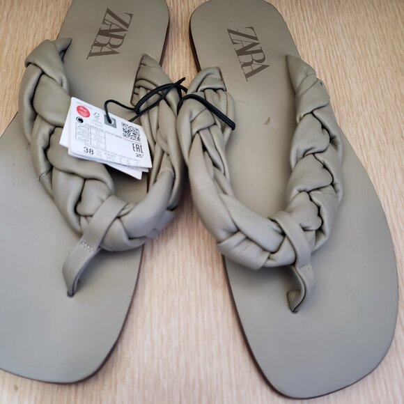 BNWT ZARA leather chunky braided flat thong sandals (7.5) olive - Picture 5 of 8